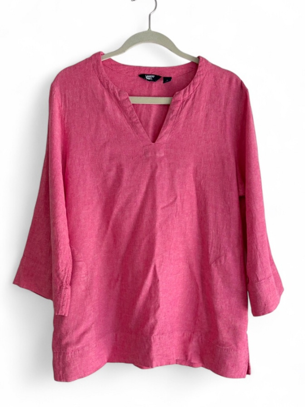 Lands' End Women's Pink Linen Blend 3/4 Sleeve Boho Tunic Shirt Size L